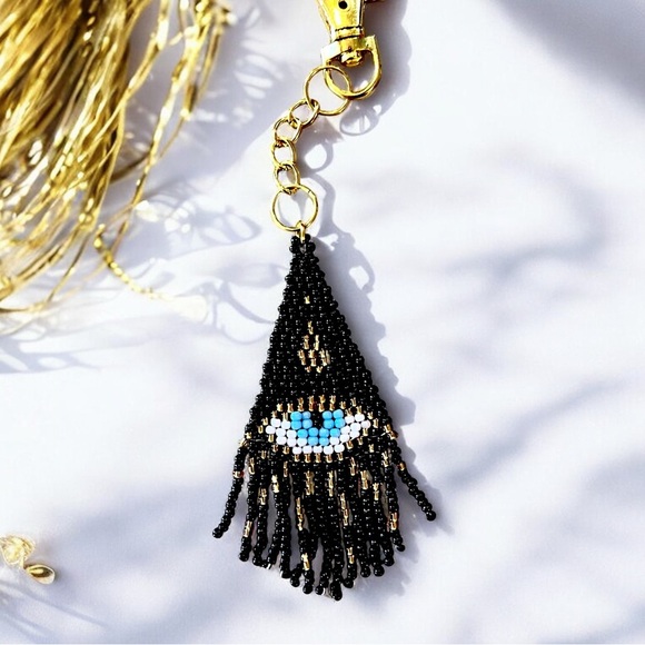 Evil Eye Bag Charm with Hand Beaded Glass Seed Beads and Gold Toned Clasp - Picture 12 of 17